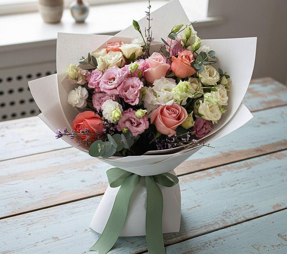 Букет цветов из: Розы, Лизиантусы и Гвоздики в Новоблагодарном