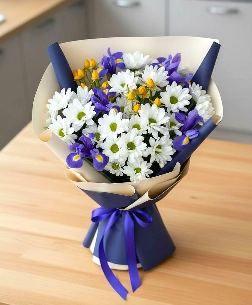 Букет цветов из: Розы, Ирисы и Хризантемы в Новоблагодарном