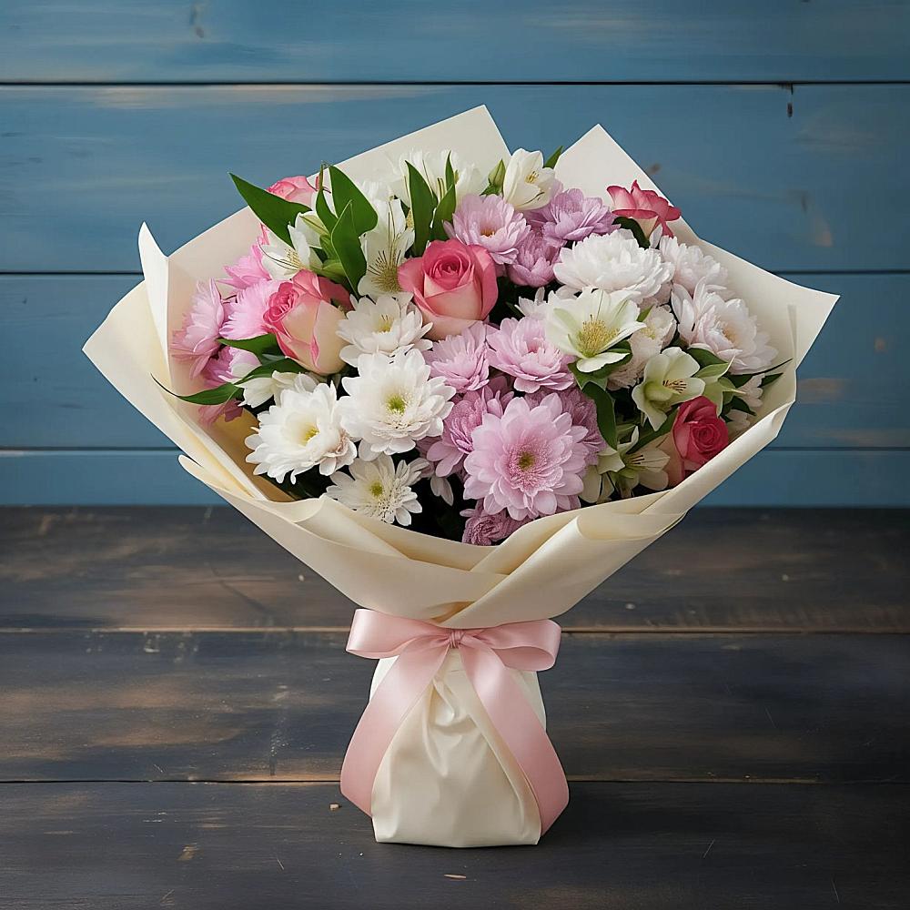 Букет цветов из: Хризантемы, Альстромерии и Розы в Новоблагодарном